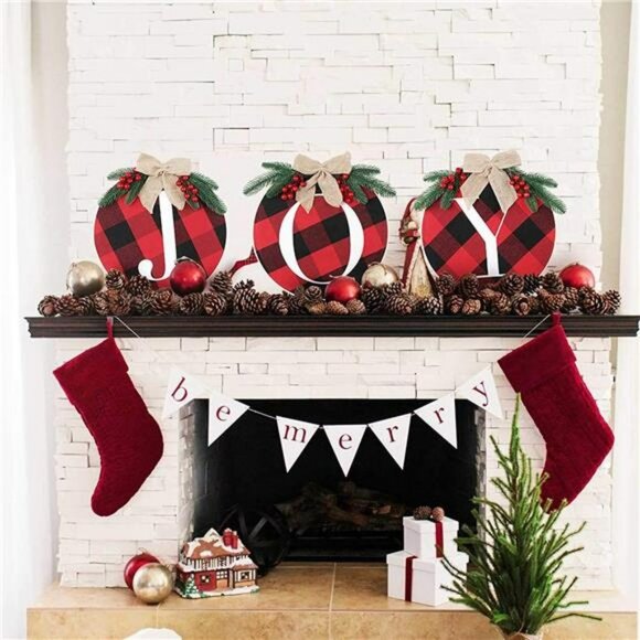 Joy Sign Christmas Wreath for Front Door, Buffalo Plaid Christmas Decorations - Picture 6 of 6